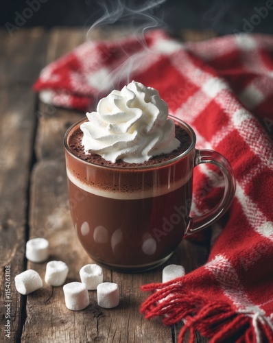 Cozy hot chocolate with marshmallows and whipped cream on wooden table with red checkered blanket photo