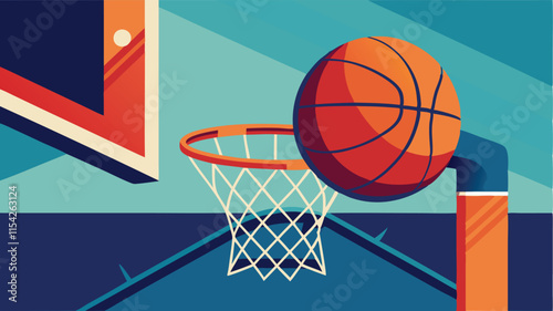 Basketball entering hoop with vibrant colors and clean lines in a modern vector style