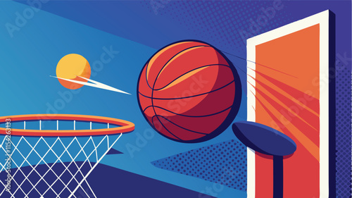 Basketball entering hoop with vibrant colors and clean lines in a modern vector style