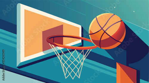 Basketball entering hoop with vibrant colors and clean lines in a modern vector style