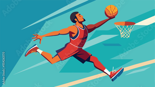Dynamic basketball player performs a slam dunk in a colorful vector illustration depicting athleticism and energy