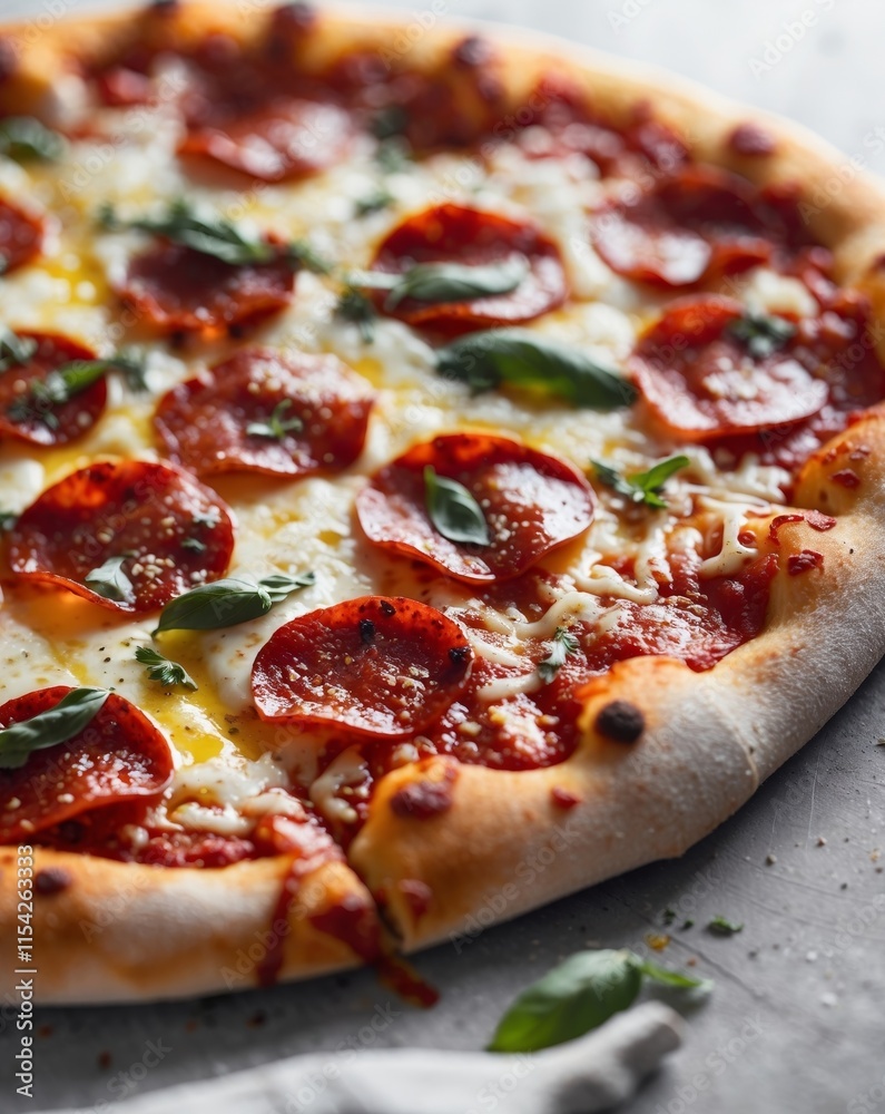 Close up view of a freshly baked and steaming hot pepperoni pizza with melted mozzarella cheese tangy tomato sauce and aromatic herbs like basil and oregano