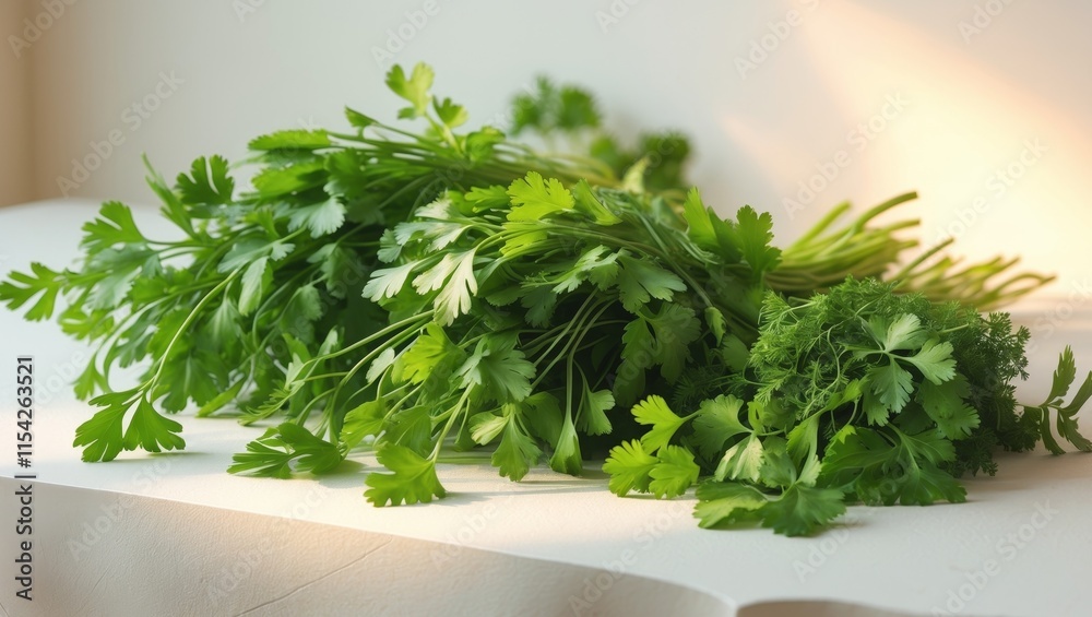 Fresh bunches of parsley and cilantro arranged on a light surface for culinary use Fresh bunches of parsley and cilantro arranged on a light surface for culinary use