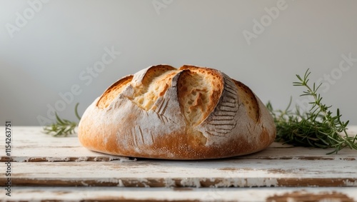 Freshly baked artisan bread on rustic wooden table for culinary inspiration and recipe design photo