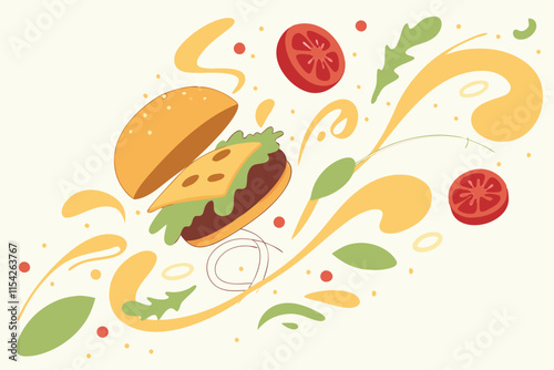 Vibrant vector illustration of a burger surrounded by fresh ingredients like cheese, tomatoes, and greens, conveying a sense of deliciousness and flavor