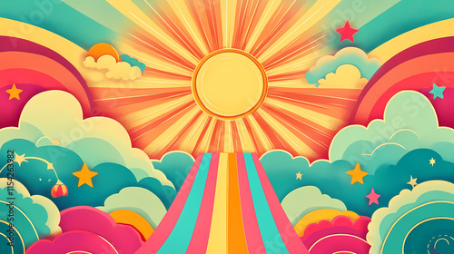 Groovy carnival background with retro and vibes vintage circus poster with sun, rainbow, and funky elements. parhelion. illustration. Parhelia. Illustration photo