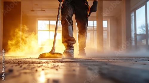 A worker cleans the floor of a construction site with a vacuum as the warm, golden light of the sunset streams through the windows, casting a dramatic glow and emphasizing the dust in the air.. AI