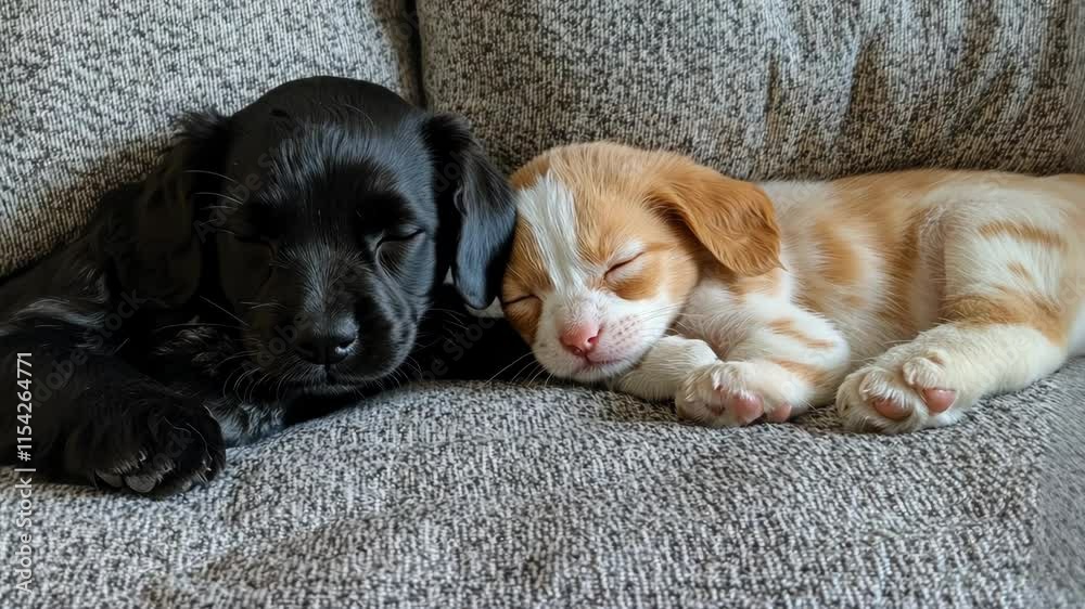 Two adorable puppies sleeping peacefully on a cozy sofa in a living room setting during the morning hours
