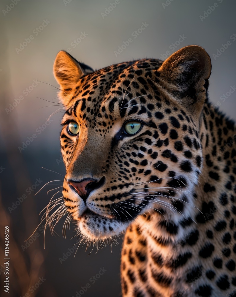 A close encounter with a majestic leopard showcasing its striking features at twilight A close encounter with a majestic leopard showcasing its striking features at twilight