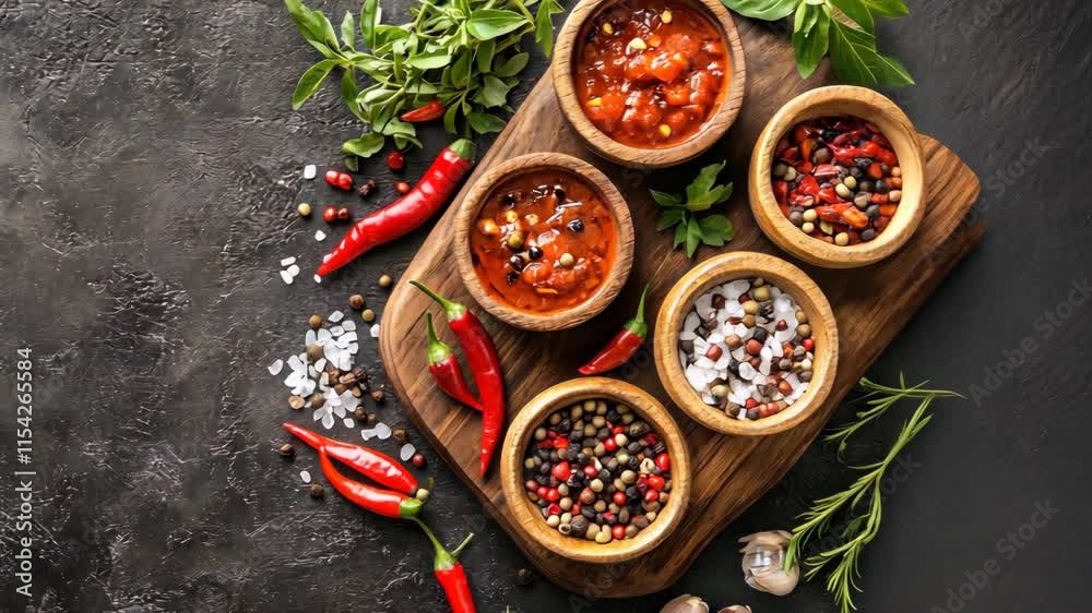 Variety of spices and sauces arranged on a wooden board with fresh herbs and chili peppers