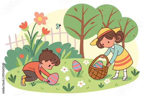 Children enjoying an Easter egg hunt in a bright garden filled with flowers and trees on a sunny day