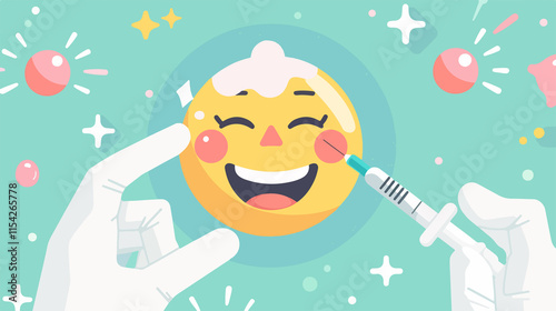 Happy Emoticon Receiving Vaccine - Vector Illustration