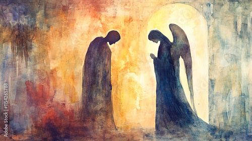 The angel Gabriel appearing to Mary, announcing she will bear the Son of God.all soft, dynamic, soft minimalist watercolor, fine art art, beautiful lighting