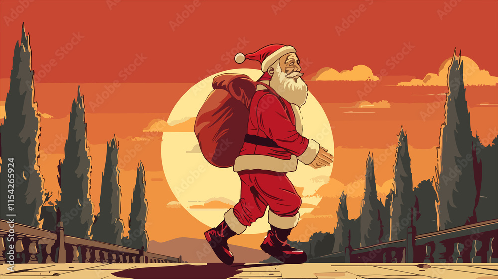 Obraz premium Festive Santa Claus Carrying Christmas Sack Vector Illustration