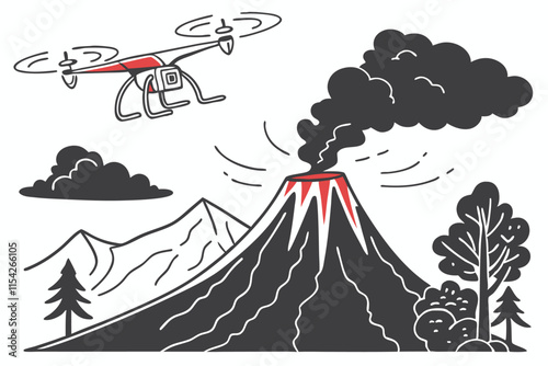 Drone monitoring volcanic eruption near forested mountains during daytime