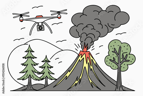 Drone monitoring volcanic eruption near forested mountains during daytime