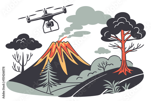 Drone monitoring volcanic eruption near forested mountains during daytime