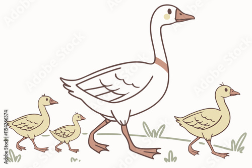 Mother goose and her adorable ducklings walking through a lush green meadow with soft grass on a sunny day