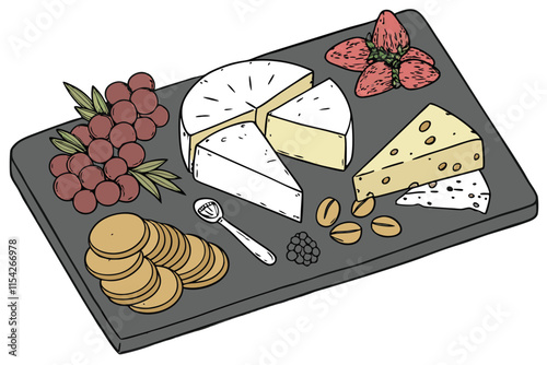 Variety of cheeses with fruits and crackers arranged on a serving platter for an elegant snack experience