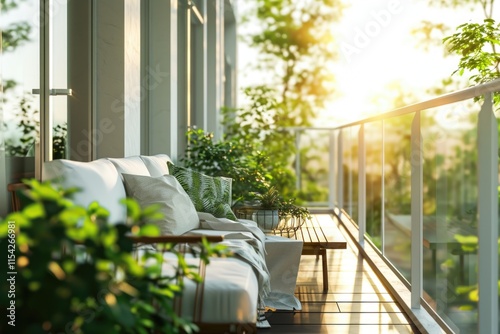 Modern Cosy Balcony Interior with Green and White Decor. Luxurious Living Space with a View. photo