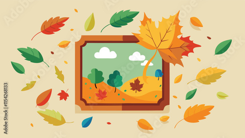 Autumn leaves surround a framed image of a vibrant maple leaf against a blue background, capturing the essence of the season in a playful design