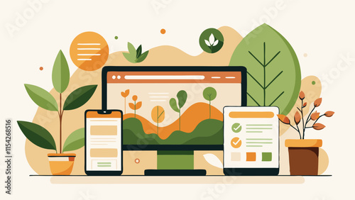 Vector design showcasing digital gardening applications on computer and mobile devices with green plants surrounding them