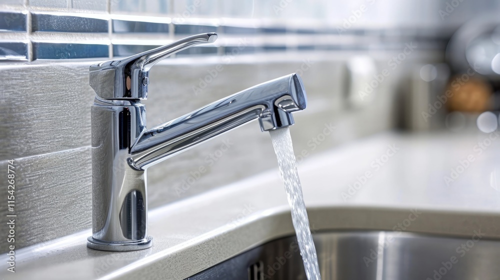 Modern Kitchen Tap and Sink with Chrome Finish and Flowing Water Modern Kitchen Tap and Sink with Chrome Finish and Flowing Water