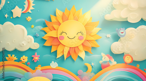 Colorful happy children's day card with sun, rainbow, and kids. parhelion. illustration. Parhelia. Illustration photo