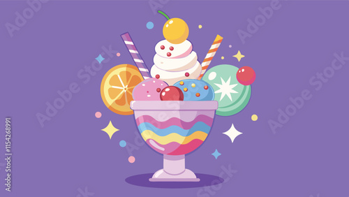 Colorful ice cream sundae with flowers and a cherry on top served in a striped cup in a cheerful setting