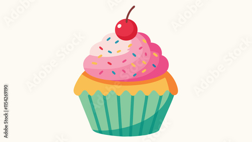 Colorful cupcake with cherry on top surrounded by sprinkles against a light blue background