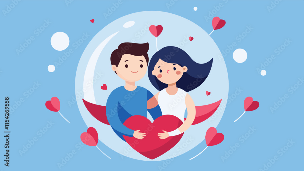 Couple embracing in a heart-shaped background with floating hearts and petals, expressing love and affection in a cheerful vector illustration Couple embracing in a heart-shaped background with floating hearts and petals, expressing love and affection in a cheerful vector illustration