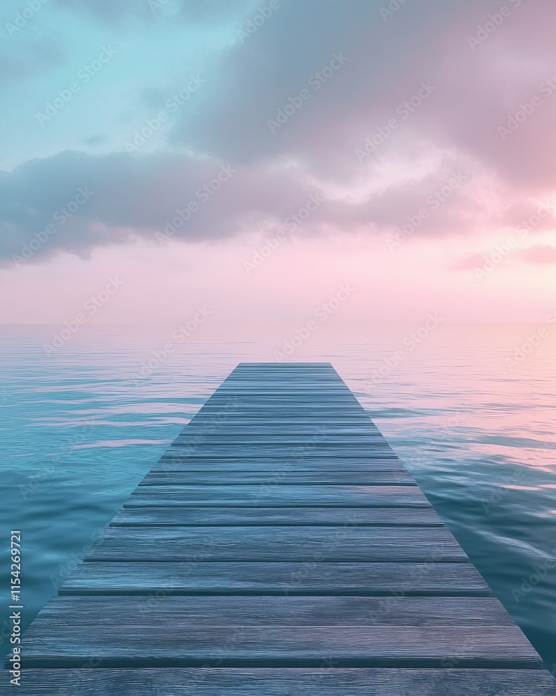 Serene Wooden Pier Extends into a Dreamy Pastel Sunrise over Calm Waters. A Peaceful and Tranquil Landscape Painting. Serene Wooden Pier Extends into a Dreamy Pastel Sunrise over Calm Waters. A Peaceful and Tranquil Landscape Painting.