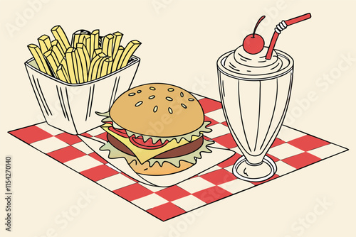 Classic diner meal with burger, fries, and milkshake on a checkered tablecloth