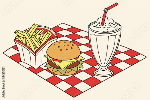 Classic diner meal with burger, fries, and milkshake on a checkered tablecloth