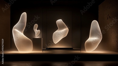 Illuminated abstract sculptures on display.