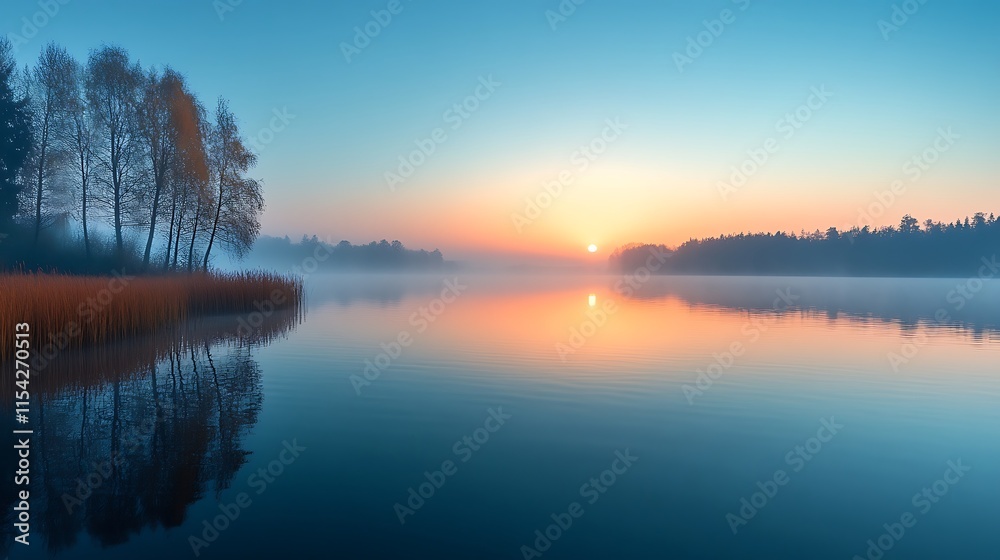 Fototapeta premium Serene Sunrise Over Misty Lake With Trees Reflected