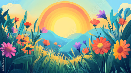 A vibrant landscape featuring a sun, rainbow, and colorful flowers in a grassy field. Parhelia. Illustration
