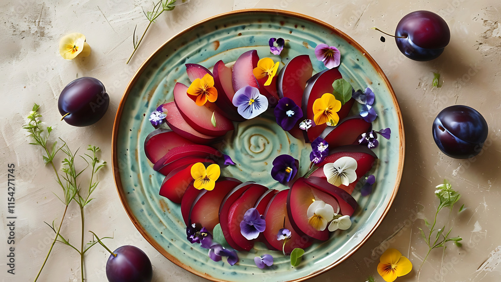 Plums and edible flowers on a plate Plums and edible flowers on a plate