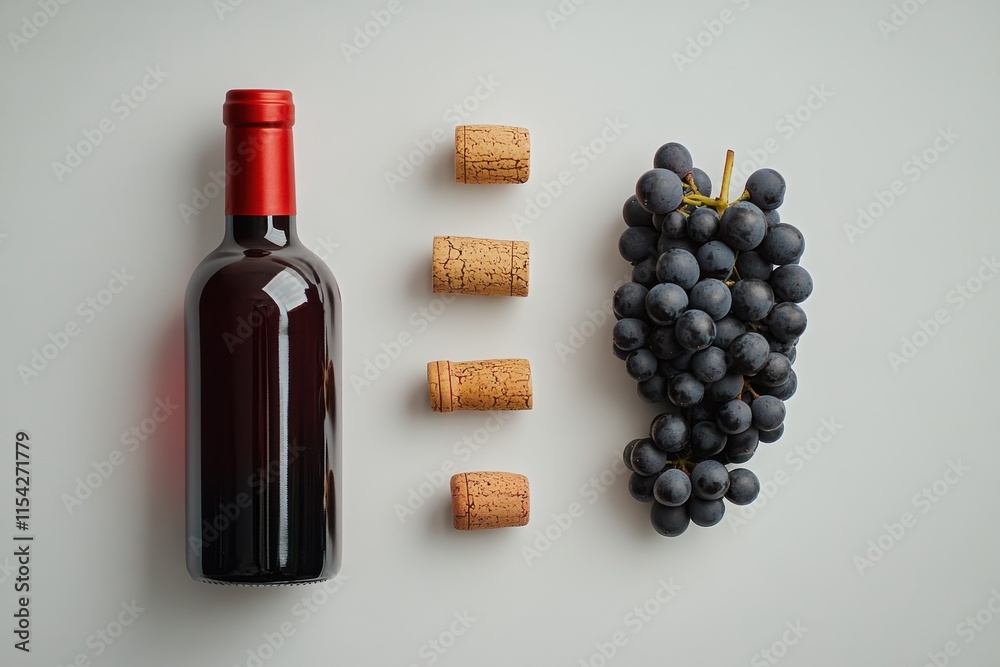 Obraz premium Flat lay of wine bottle, grapes, and corks on light background