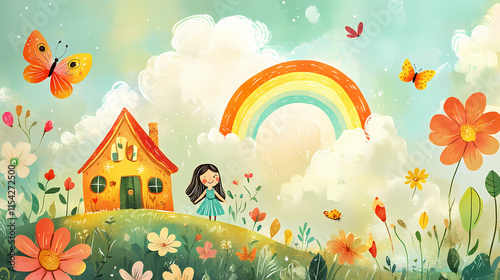 Childlike drawing of happy girls, house, sun, rainbow, butterflies, and flowers. Parhelia. Illustration