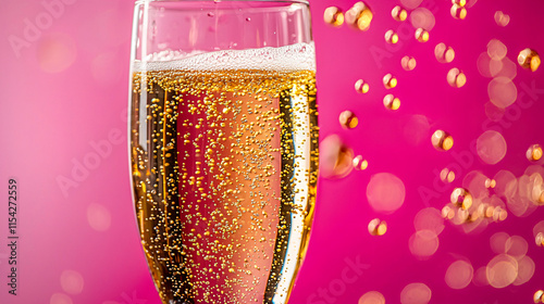 A champagne glass with golden bubbles rising, set against a vibrant pink background.  photo