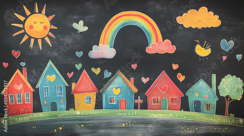 Childlike illustration of a whimsical village scene with houses, sun, rainbow, clouds, girl, trees, birds, and hearts on a chalkboard background. parhelion. illustration. Parhelia. Illustration photo