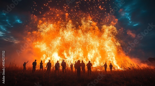 Longexposure shot of fireworks lighting up the sky during the Holika Dahan bonfire with people dancing around the flames