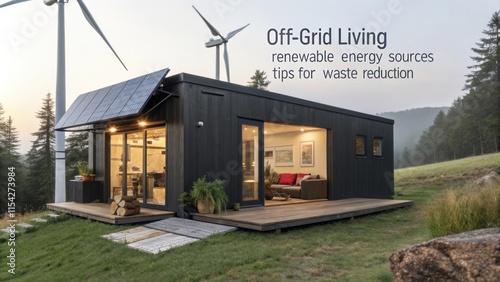 Innovative tiny house showcases off grid living, powered by solar panels and a wind turbine, promoting renewable energy and sustainable practices in a tranquil natural setting photo