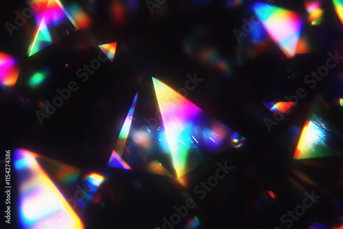 Prism light reflections on black background. Blurred geometric shapes, soft gradients, ethereal visual overlay effect. Glowing colorful lights and bokeh lens flare, refraction of sunlight prism effect