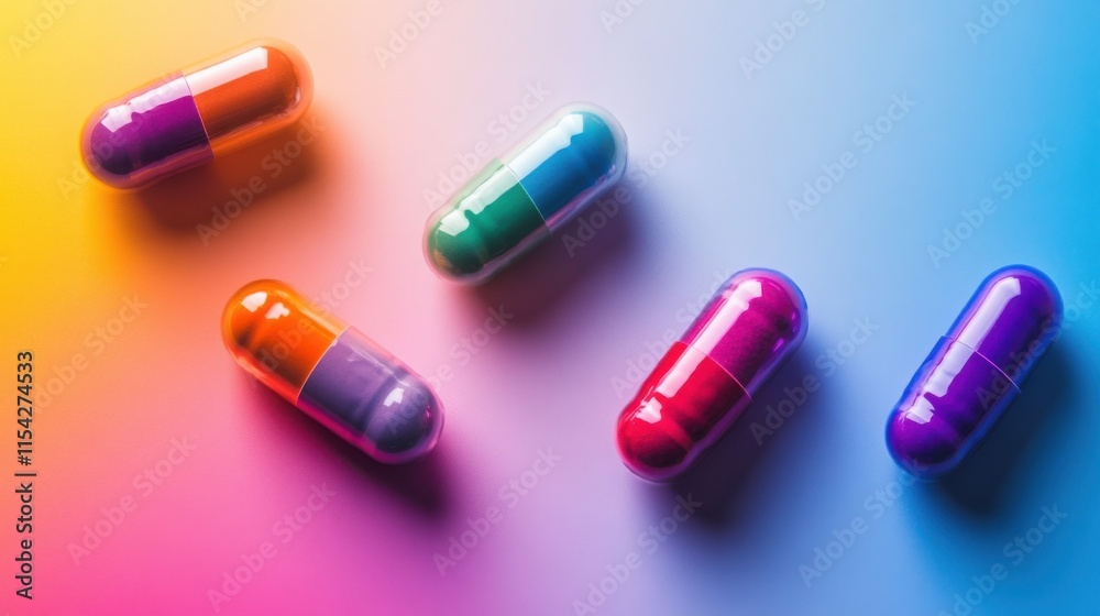 Five vibrant capsules rest on a colorful background, showcasing a spectrum of hues and glossy surfaces. The image evokes a sense of health, medicine, and modern aesthetics. Five vibrant capsules rest on a colorful background, showcasing a spectrum of hues and glossy surfaces. The image evokes a sense of health, medicine, and modern aesthetics.