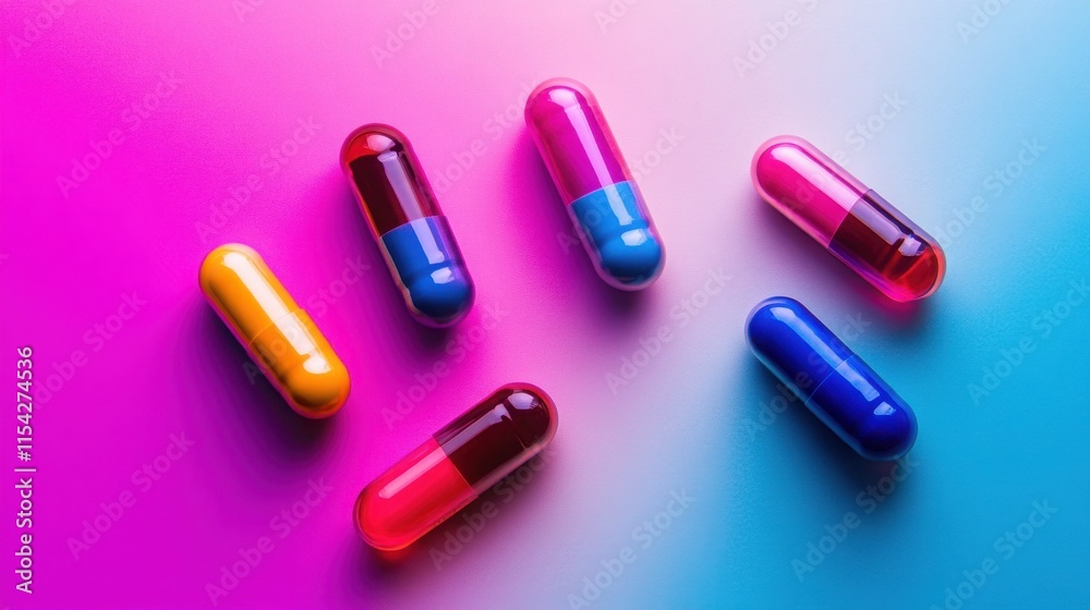 Colorful capsules scattered on a vibrant pink and blue background. A close-up shot showcasing the various colors and textures of the medication. Colorful capsules scattered on a vibrant pink and blue background. A close-up shot showcasing the various colors and textures of the medication.