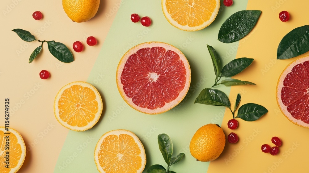 Citrus fruit slices arranged on vibrant yellow background