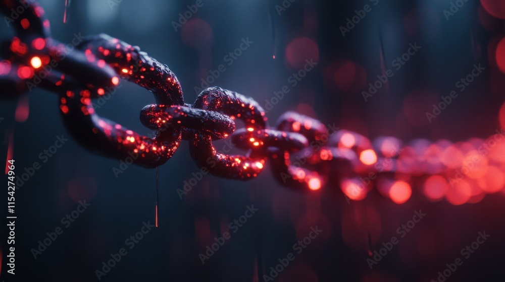 Close-up of a dark, metallic chain with red glowing particles, set against a blurred dark background. The chain appears wet, with droplets visible. Close-up of a dark, metallic chain with red glowing particles, set against a blurred dark background. The chain appears wet, with droplets visible.