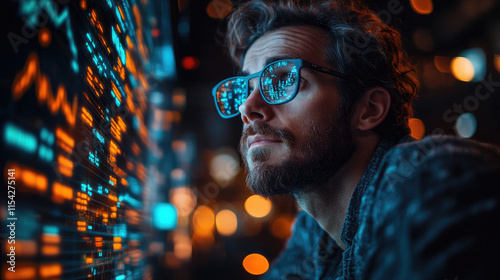 Focused Programmer Analyzing Data on a Screen